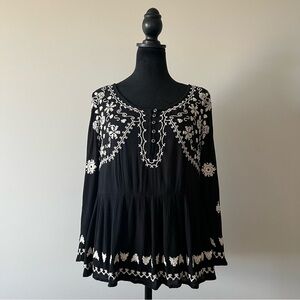 Anthropologie Black Embroidered Peasant Blouse - Dark Bohemian Cottagecore